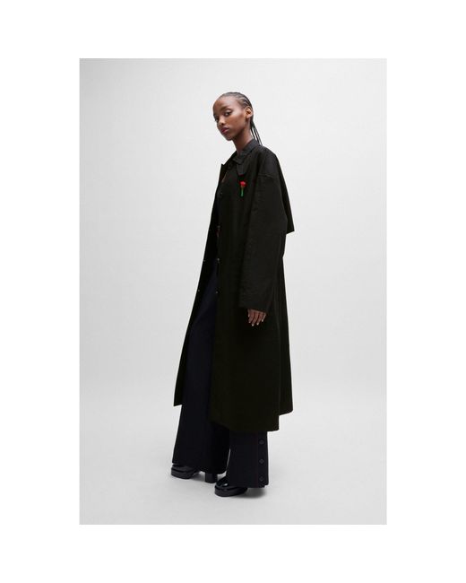 HUGO Black X Les Benjamins Trench Coat With Beaded Rose Brooch