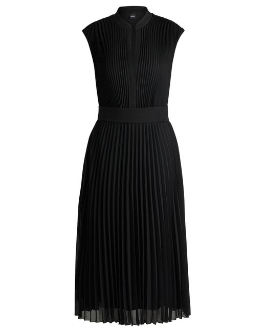 Boss Black Plissé-crepe Dress With Notch Neckline