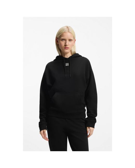 HUGO Black Cotton-Terry Hoodie With Embroidered Stacked Logo