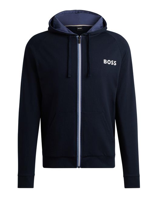 Boss Blue Zip-up Hoodie In French Terry With Logo Detail for men