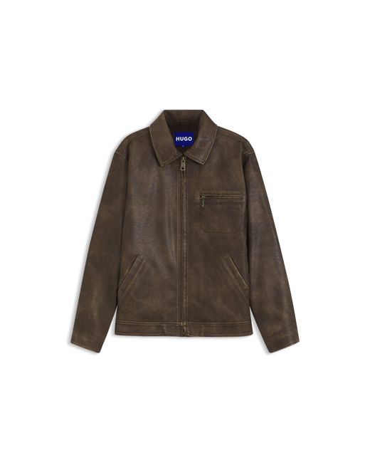 HUGO Brown Faux-Leather Jacket With Cross-Shaped Zip-Puller for men
