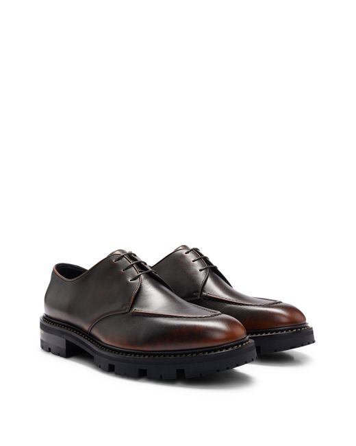 Boss Black Treated-leather Derby Shoes With Camel-toned Stitching for men