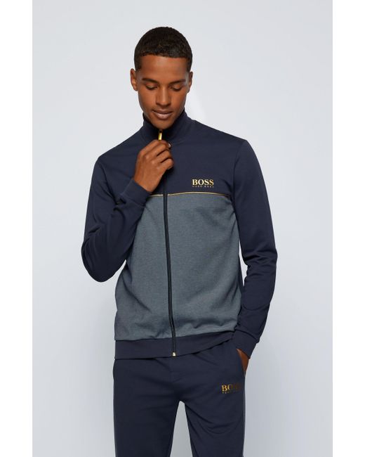 BOSS by HUGO BOSS Cotton-blend Piqué Tracksuit Jacket With Metallic Details  In Dark 50465026 403 in Blue for Men | Lyst