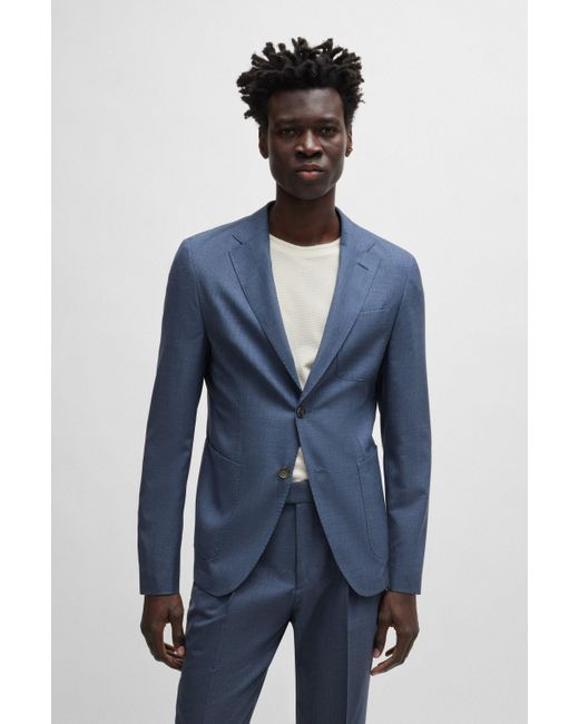 Boss Blue Slim-fit Suit In Patterned Virgin Wool And Silk for men