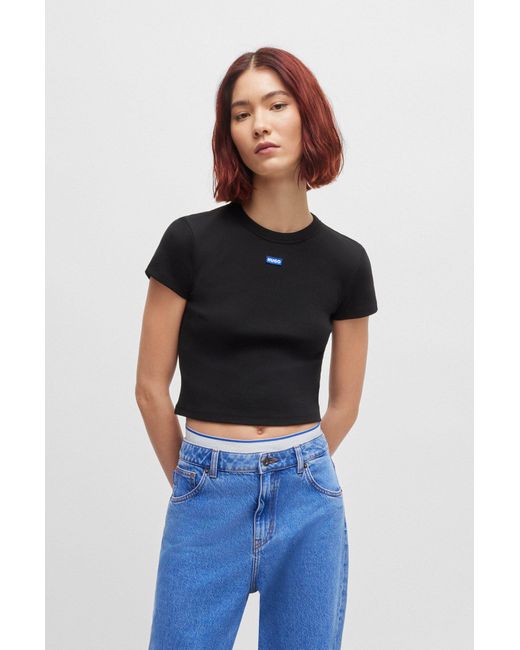HUGO Black Stretch-cotton Slim-fit T-shirt With Blue Logo Label