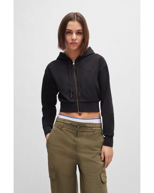 HUGO Black Stretch-cotton Cropped Hoodie With Embroidered Logo