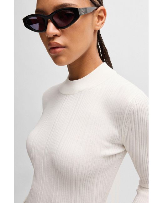 HUGO White Slim-fit Sweater With Irregular Ribbed Structure