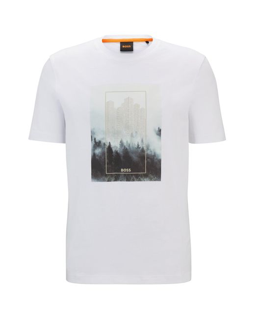 Boss White Cotton-jersey T-shirt With Seasonal Graphic Print for men