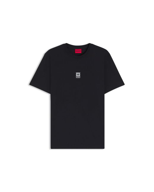 HUGO Black Cotton-Jersey T-Shirt With Embroidered Logo Artwork for men