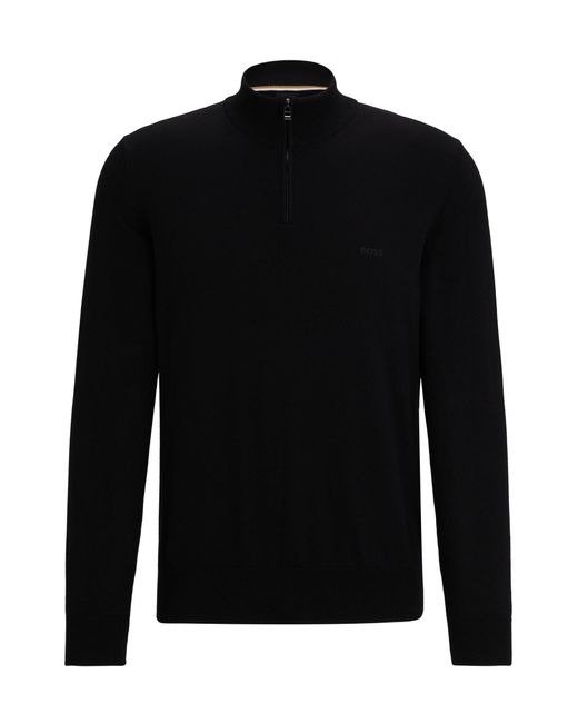 Boss Black Logo-embroidered Zip-neck Sweater In Cotton Jersey for men