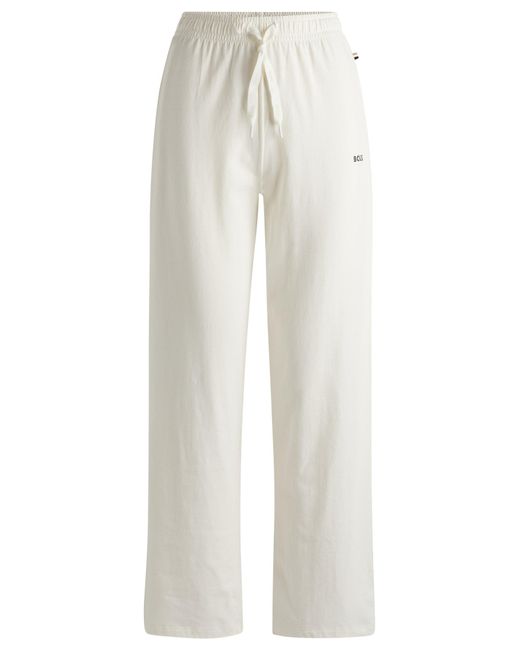 Boss White Drawstring Pyjama Bottoms In Stretch Cotton With Printed Logo