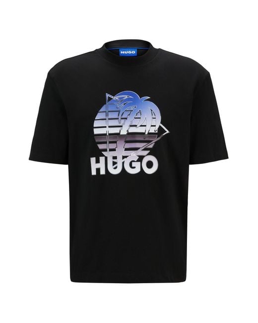 HUGO Black Cotton-jersey T-shirt With Logo Artwork for men