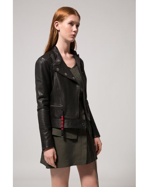 Lyst Hugo Biker Jacket In Calfskin Leather With Press Stud Hugo Black Biker Jacket In Calfskin Leather With Press Stud Closures Lyst