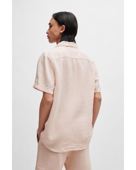 HUGO Kurzarmhemd Relaxed-Fit Hemd aus Leinen in Pink für Herren