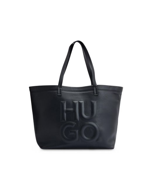 HUGO Black Faux-Leather Shopper Bag With Debossed Stacked Logo