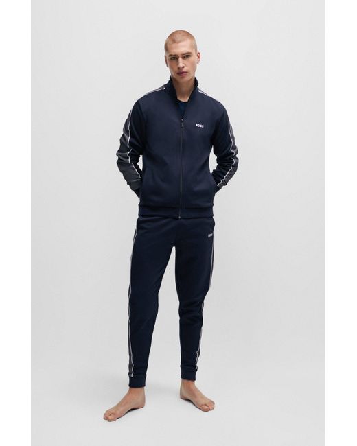 Boss Blue Cotton-blend Tracksuit Bottoms With Embroidered Logo for men