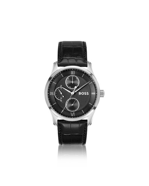 Boss Black Principle-Textured-Dial Watch With Leather Strap for men