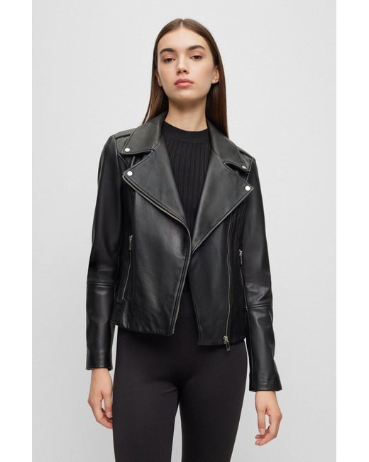 HUGO Black Oiled-leather Jacket With Asymmetric Zip