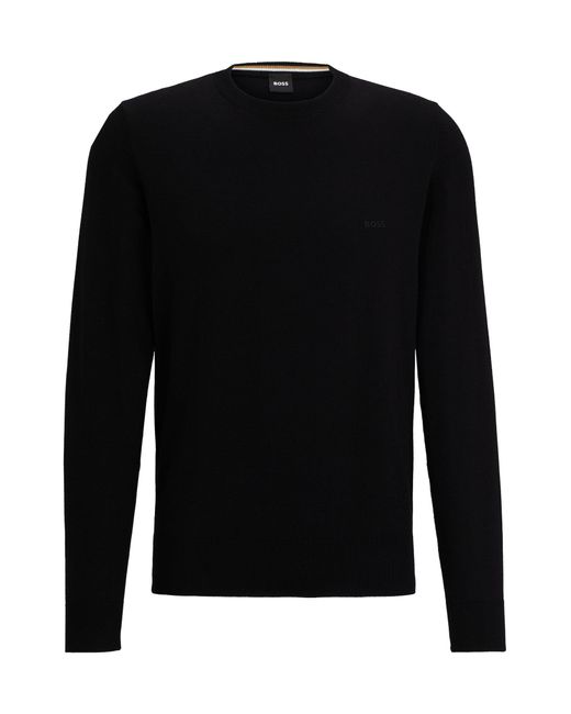 Boss Black Crew-neck Sweater In Cotton With Embroidered Logo for men