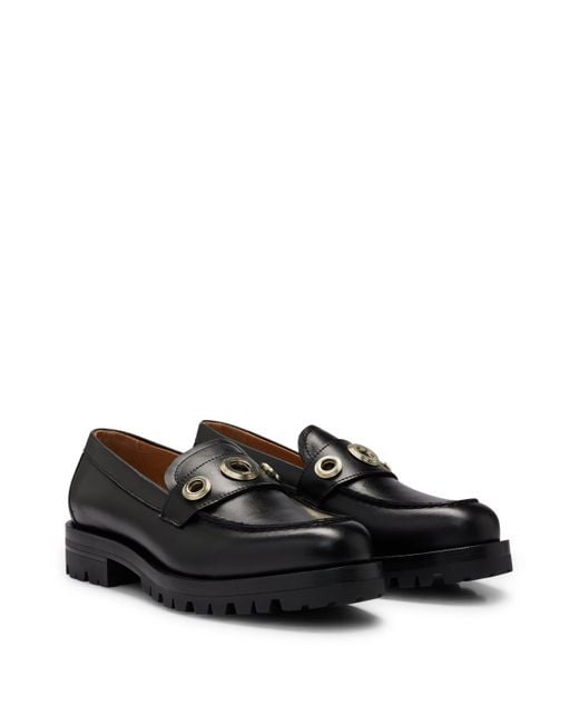 Boss Black Leather Moccasins With Eyelet Details