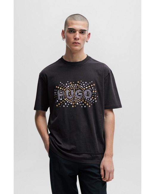 HUGO Black Cotton-jersey T-shirt With Stud-effect Artwork for men