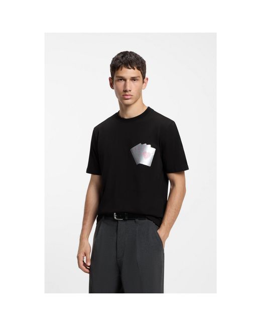 HUGO Black Cotton T-Shirt With Playing Card Foil Graphic for men