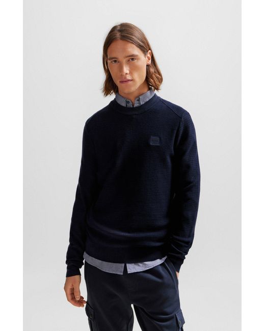 Boss Blue Cotton-cashmere Regular-fit Sweater With Logo Patch for men