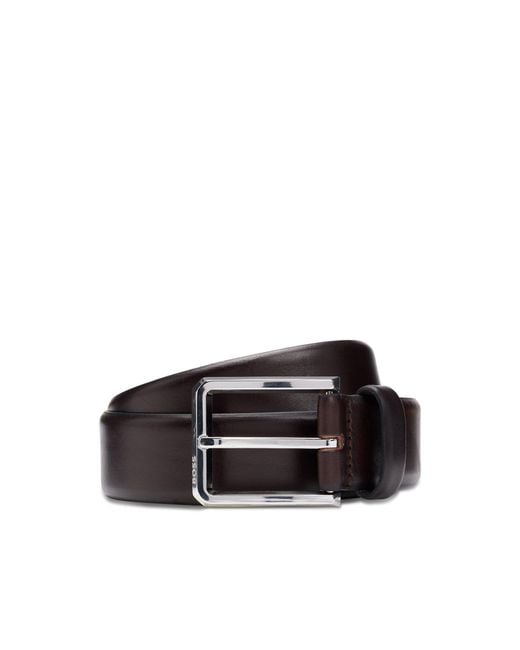 Boss Black Italian-Leather Belt With Polished Gunmetal Buckle for men