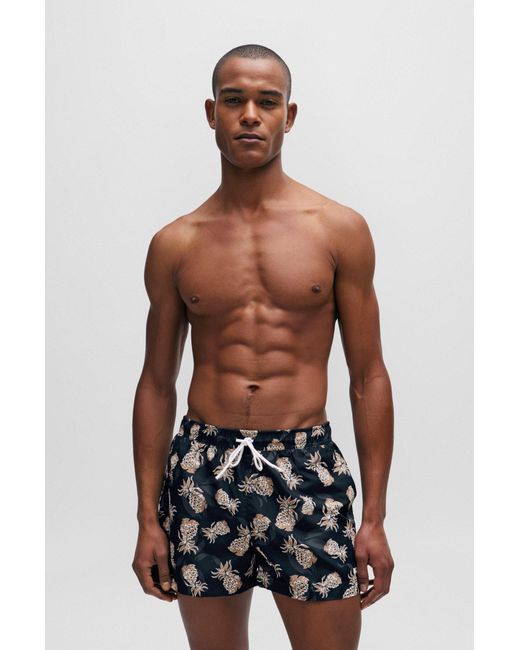 Boss Blue Fully Lined Swim Shorts With Pineapple Motif for men
