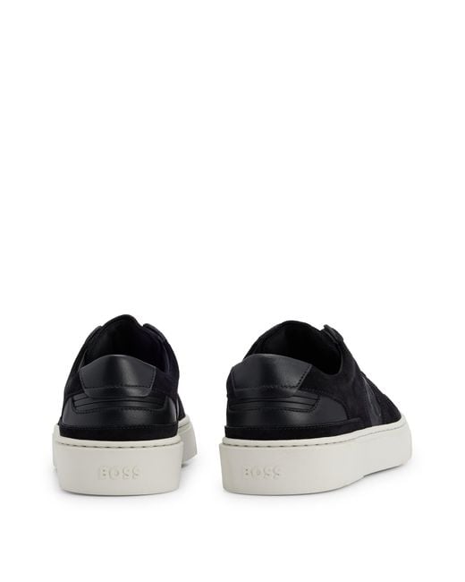 Boss Black Leather Lace-up Trainers With Suede Trims