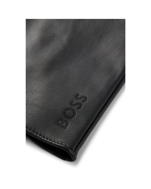 Boss Black Grained-Leather Gloves With Full Lining And Lasered Logo for men