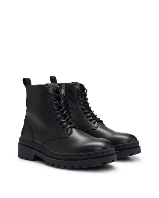 Boss Black Leather Lace-up Boots With Rubber Outsole for men