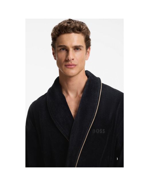 Boss Black Cotton Dressing Gown With Piping And Embroidered Branding for men