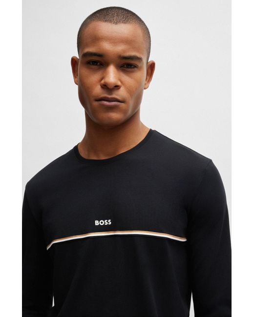Boss Black Long-sleeved Pyjama T-shirt With Signature Stripe And Logo for men