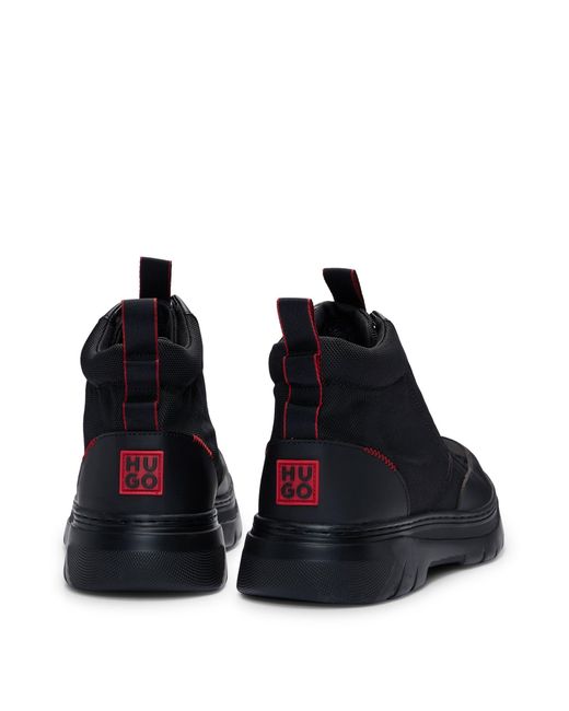 HUGO Black Mixed-material High-top Trainers With Red Details for men