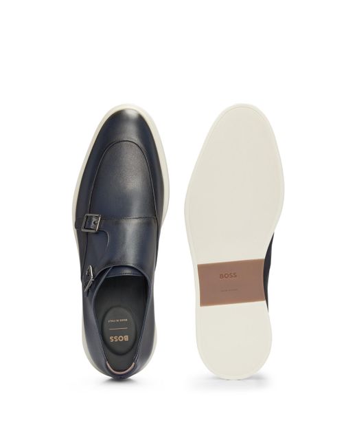 Boss Blue Leather Monk Shoes With Contrast Outsole And Double Strap for men