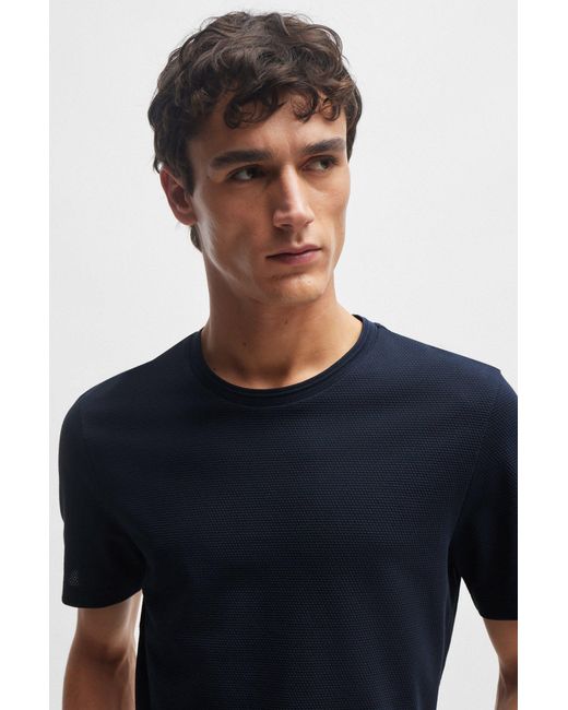 Boss Blue Cotton-blend T-shirt With Bubble-jacquard Structure for men