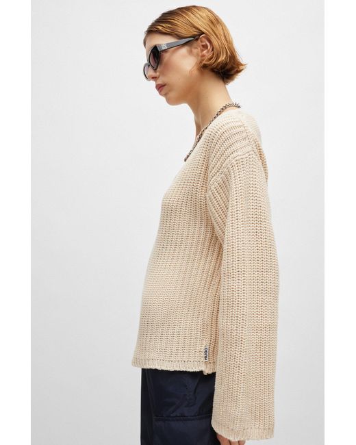 HUGO Natural Oversized-fit Long-sleeved Sweater With V Neckline