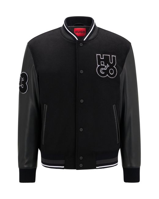 HUGO Black Wool-blend Varsity Jacket With Faux-leather Sleeves for men