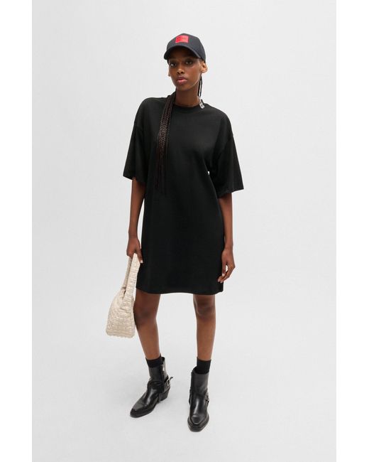 HUGO Black Cotton-jersey T-shirt Dress With Stacked Logo