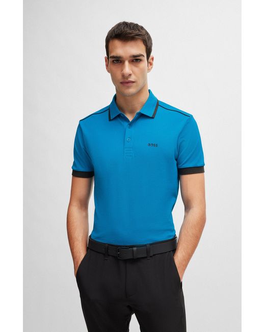Boss Blue Cotton-piqué Polo Shirt With Contrast Stripes And Logo for men