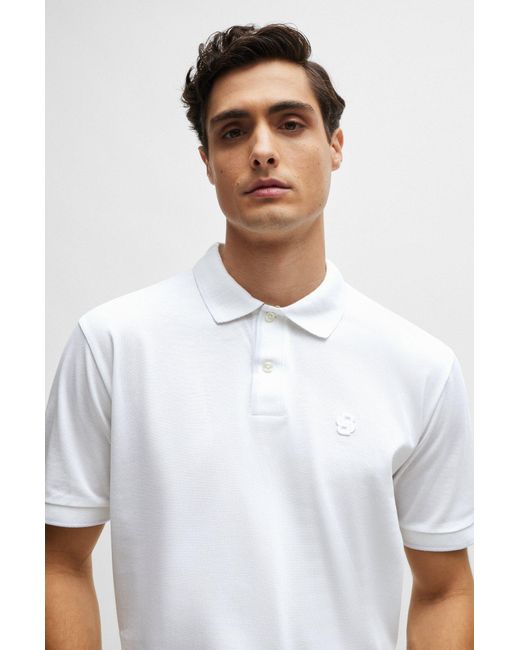 Boss White Mercerised-cotton Polo Shirt With Embroidered Double Monogram for men