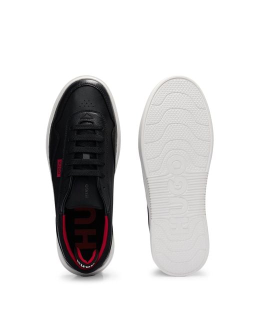 HUGO Black Leather Lace-up Trainers With Pop-colour Details for men