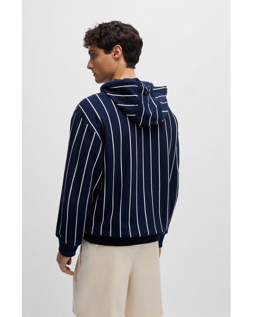 Boss Blue Mercerised-cotton Hoodie With Stripes And Double Monogram for men