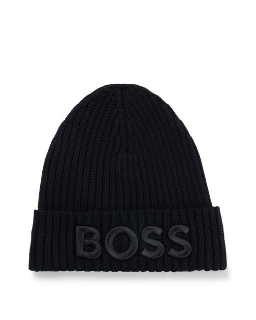 Boss Black Logo-embroidered Rib-knit Beanie Hat In Virgin Wool