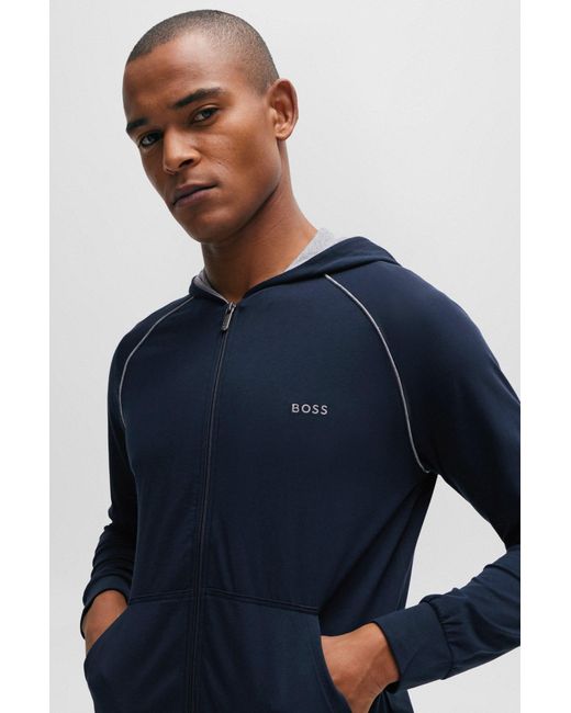 Boss Blue Stretch-cotton Zip-up Hoodie With Logo Detail for men