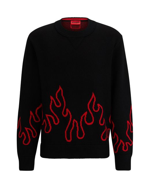 HUGO Black Relaxed-fit Sweater With Flame Jacquard In Wool Blend for men