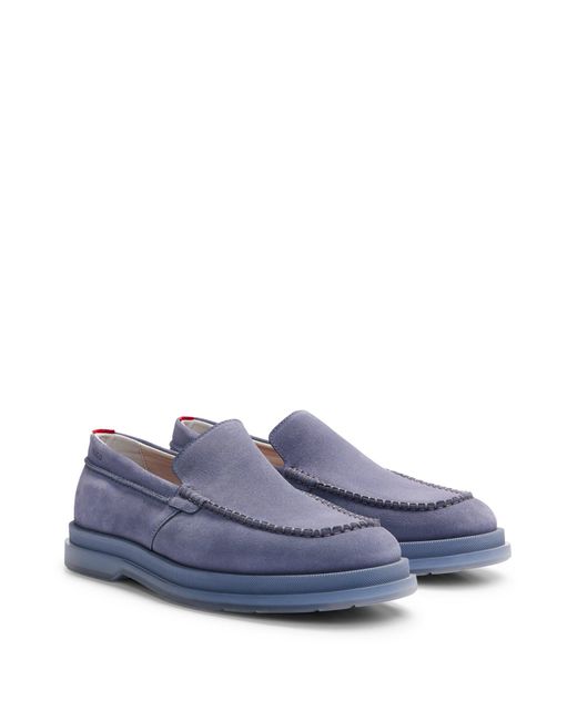 HUGO Blue Suede Loafers With Translucent Rubber Sole for men
