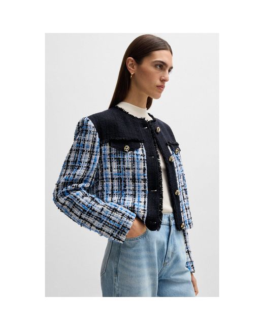 Boss Blue Tweed Jacket With Contrast Panels And Knot Buttons