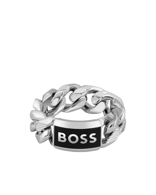 Boss Metallic Chain Ring With Logo Plate for men